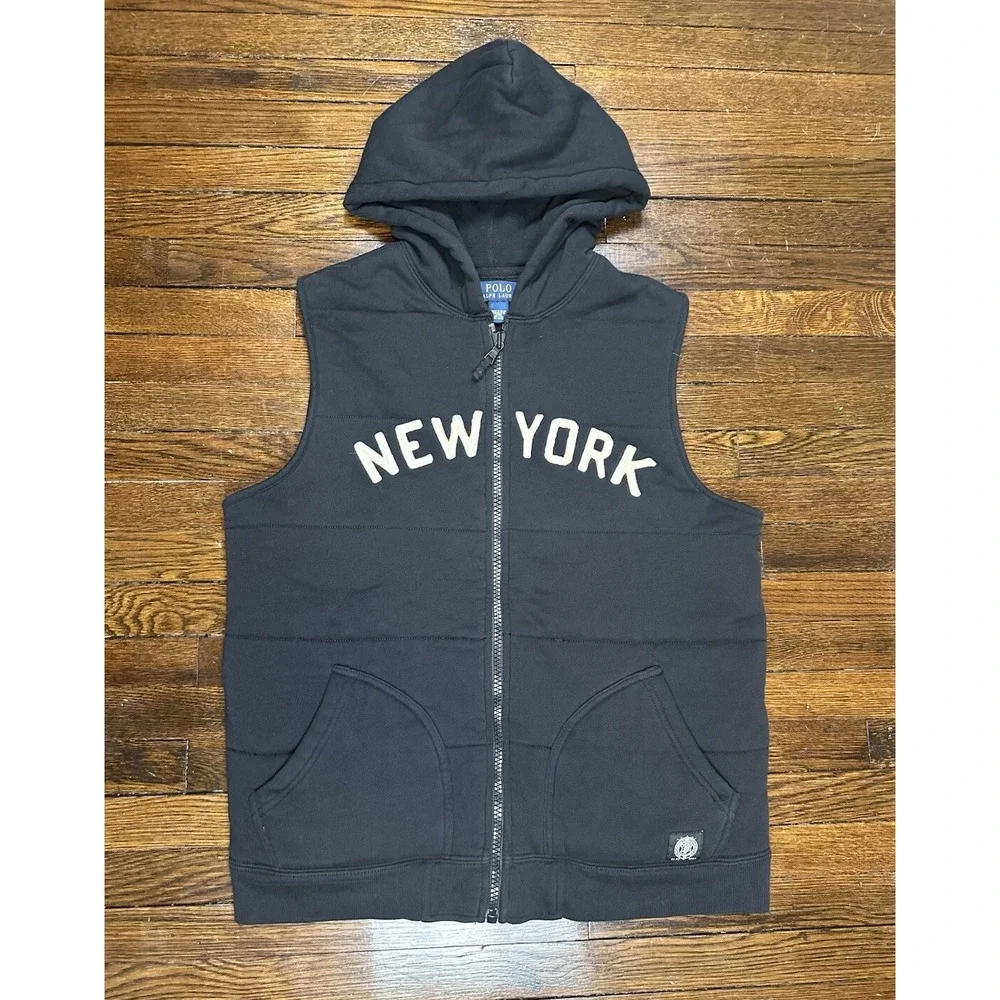 Polo Ralph Lauren Hooded Vest Men's Medium Black New York Quilted Padded *Read